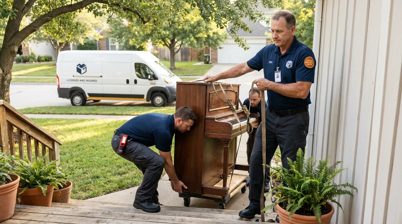 Licensed piano movers securing grand piano in Enterprise, UT