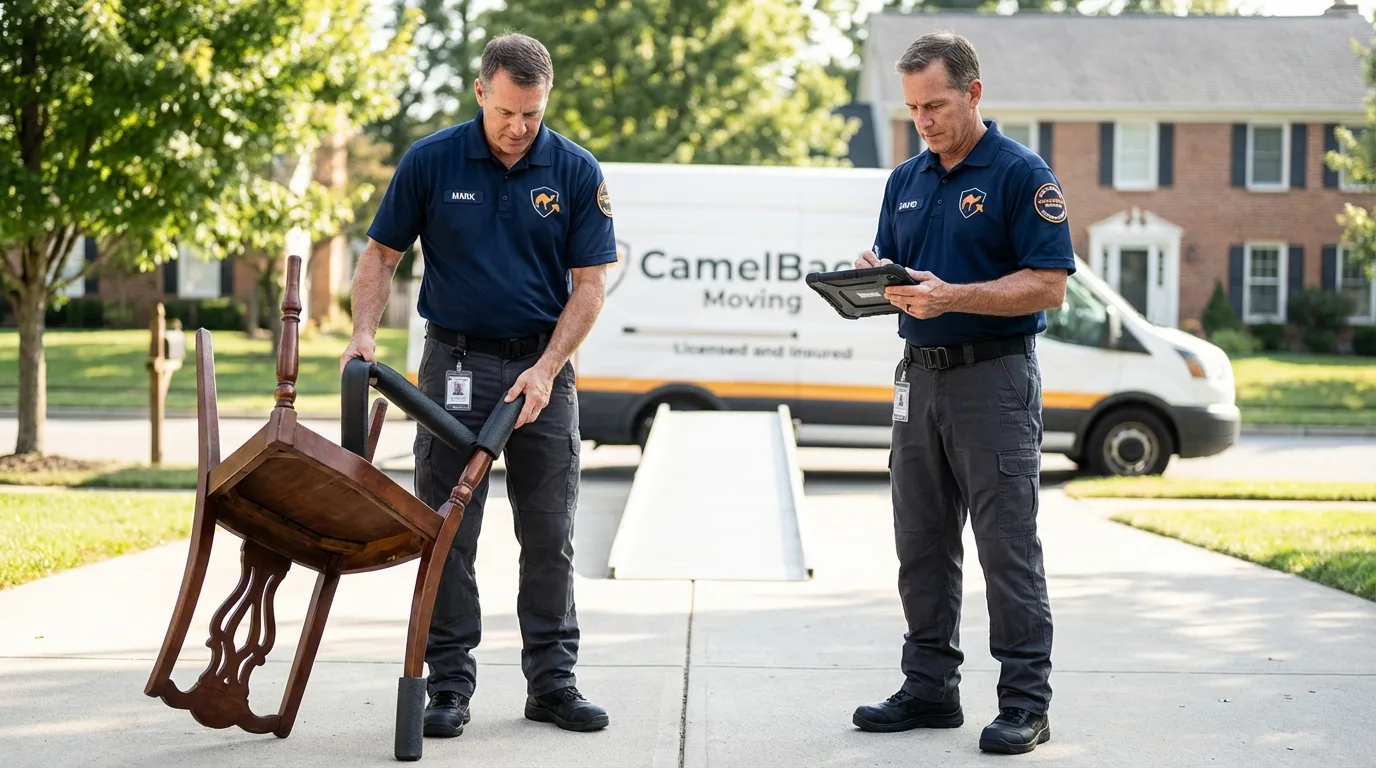 Movers inspecting furniture for damage prevention before loading in Enterprise, UT