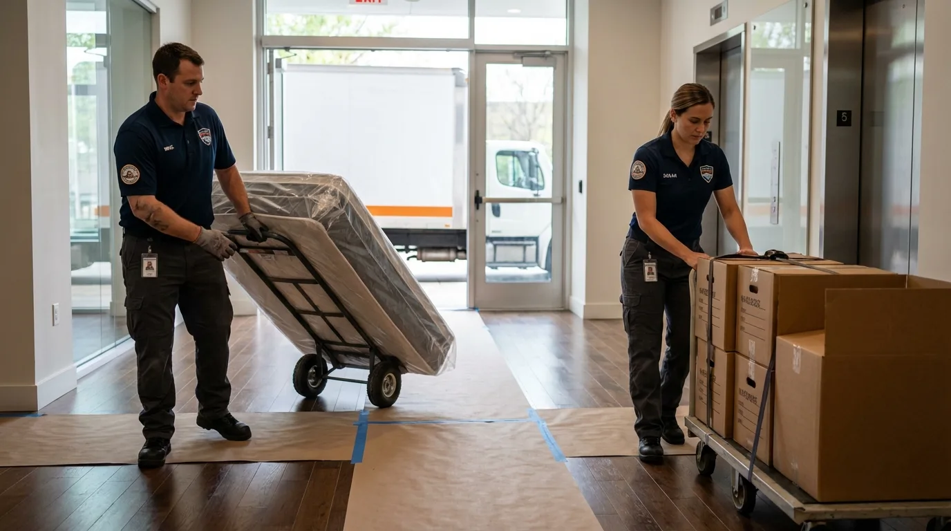 Professional apartment movers loading elevator in Enterprise, UT